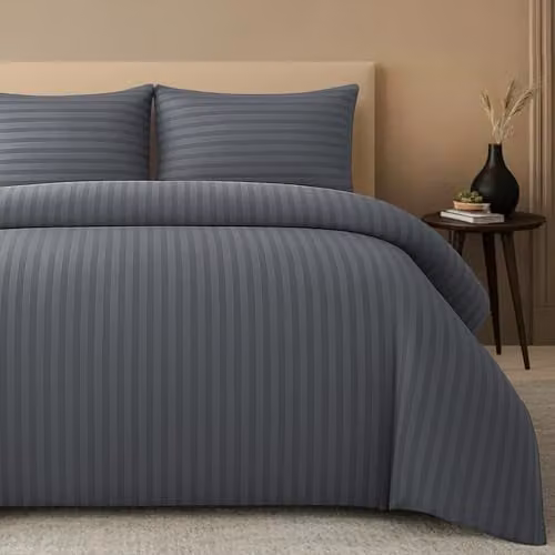 Pamposh Grey Striped Microfibre Duvet Cover and Pillowcase Set, W/D/H: 200 x 200 cm and 50 x 75 cm