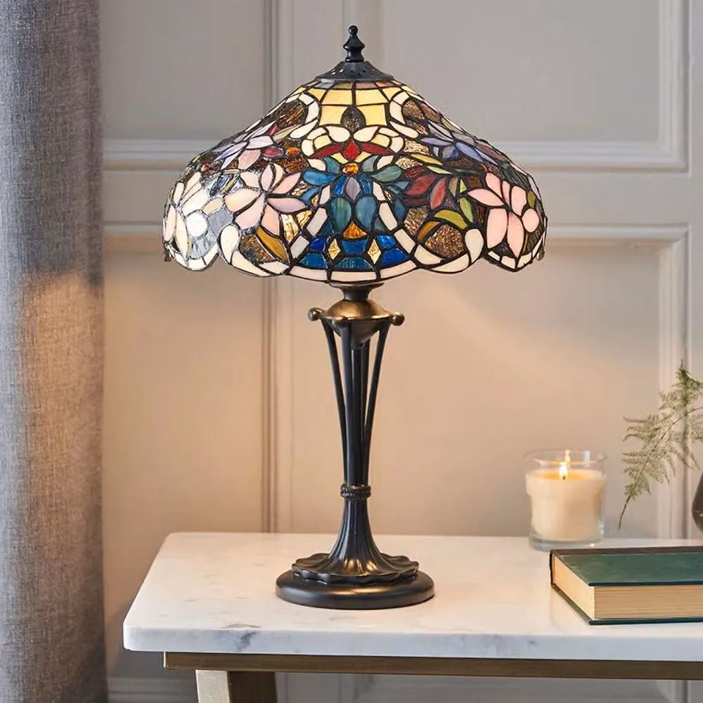 Loops Tiffany Glass Table Lamp with Multi Colour Floral Shade in Dark Bronze – 3