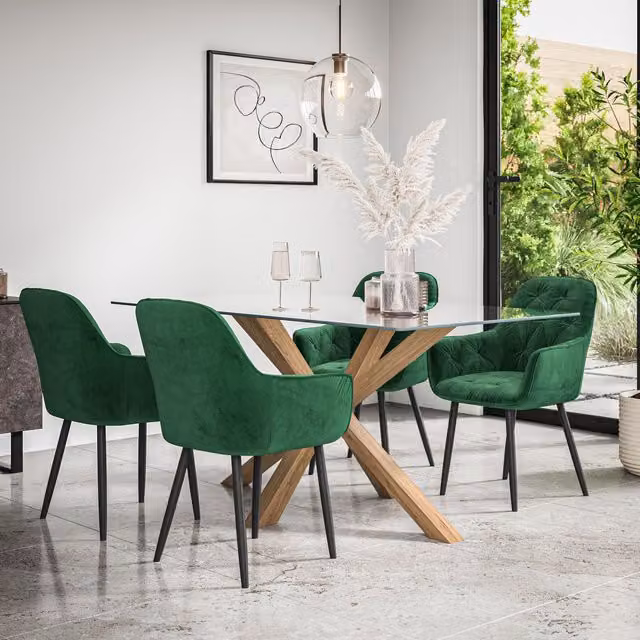 More4Homes Etta Glass Dining Table and Anika Green Velvet Chair Set of 6 with Solid Oak Legs