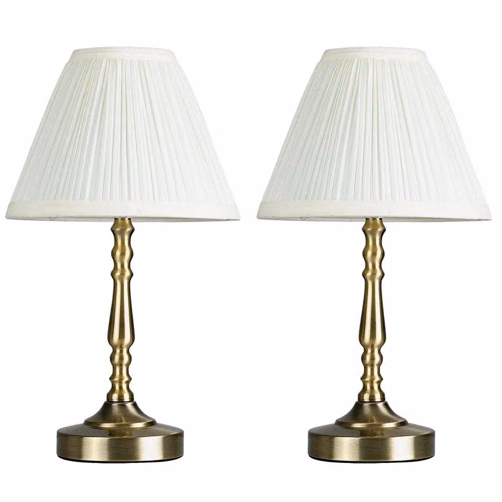 ValueLights Sienna Pair of Gold and Brass Dimmable Touch Table Lamps with Beige Fabric Shades – 2