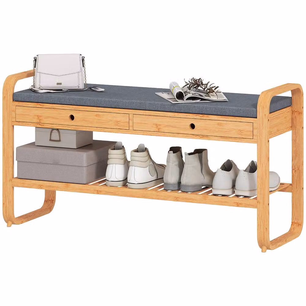 STILVORA Shoe Storage Bench with 2 Drawers and Cushioned Seat in Sand and Natural Wood – 2
