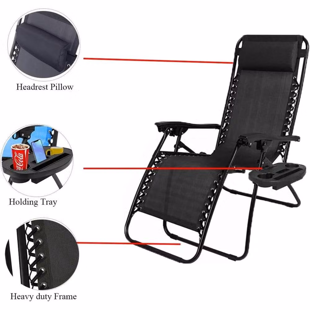 FLAVORA Portable Black Textilene Sun Lounger Chair with Adjustable Headrest – 4