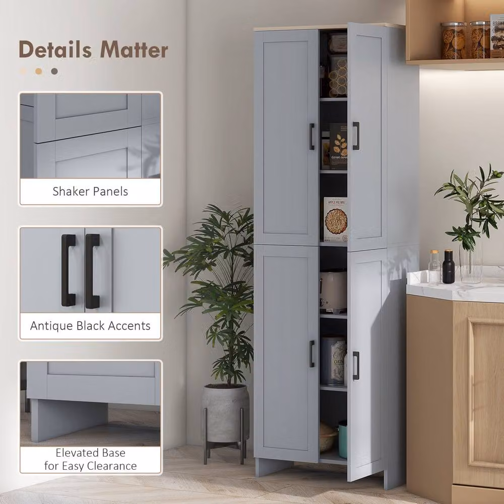 STILVORA Modern Grey Kitchen Storage Tall Unit with 4 Hinged Doors and Internal Shelves, H 170.5 x W 60.0 x D 30.0 cm – 6