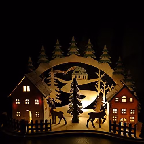 Samuel Alexander Battery Operated Light Up Christmas Wooden Reindeer Village Scene in Brown and White, 19 cm – 4