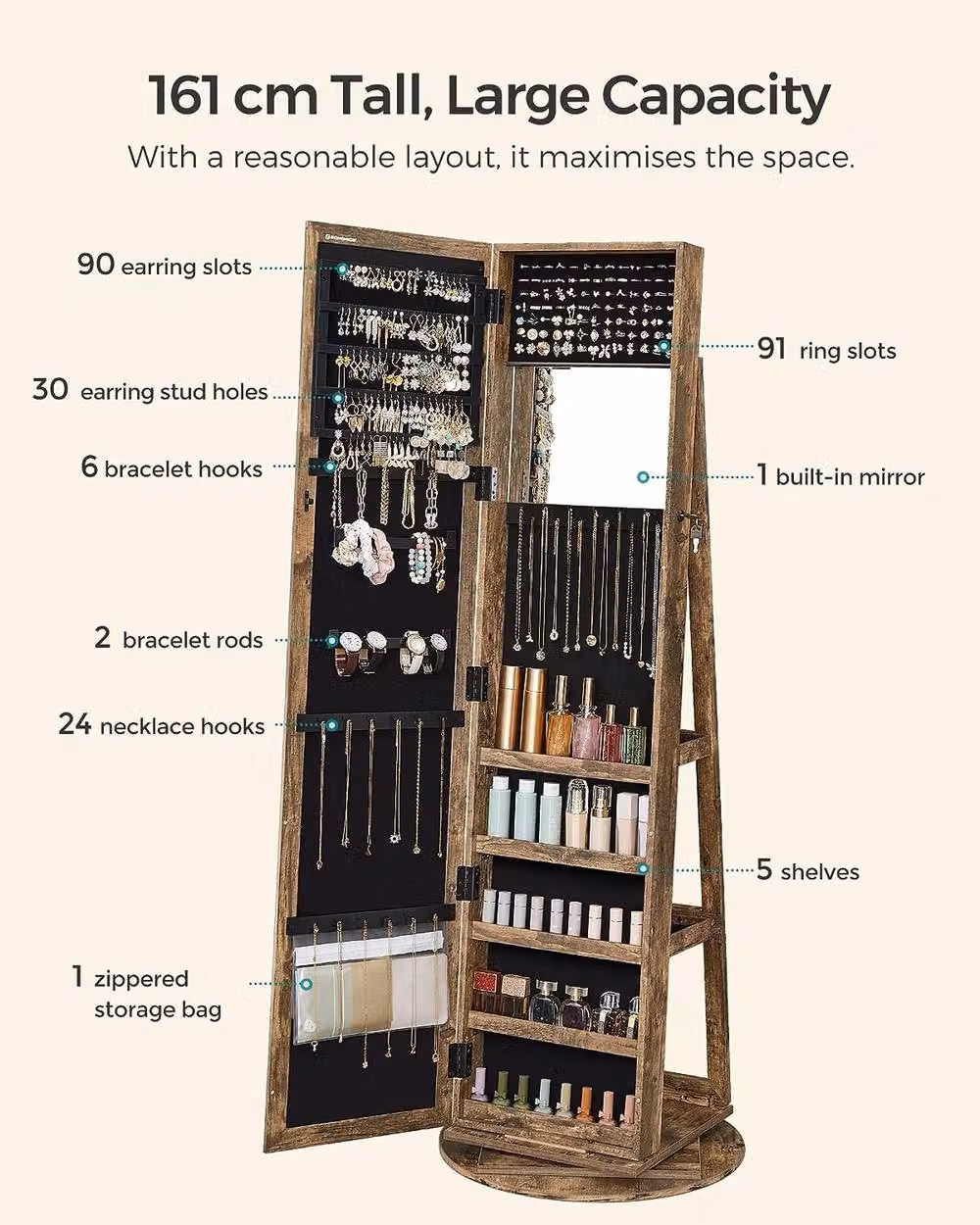 SONGMICS Freestanding Rustic Brown Jewellery Cabinet with Mirror, Internal Shelves and Lock – 4