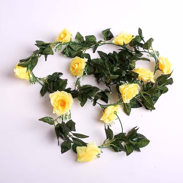 7ft Yellow Silk Rose Garland with Floral Foliage and Leaves
