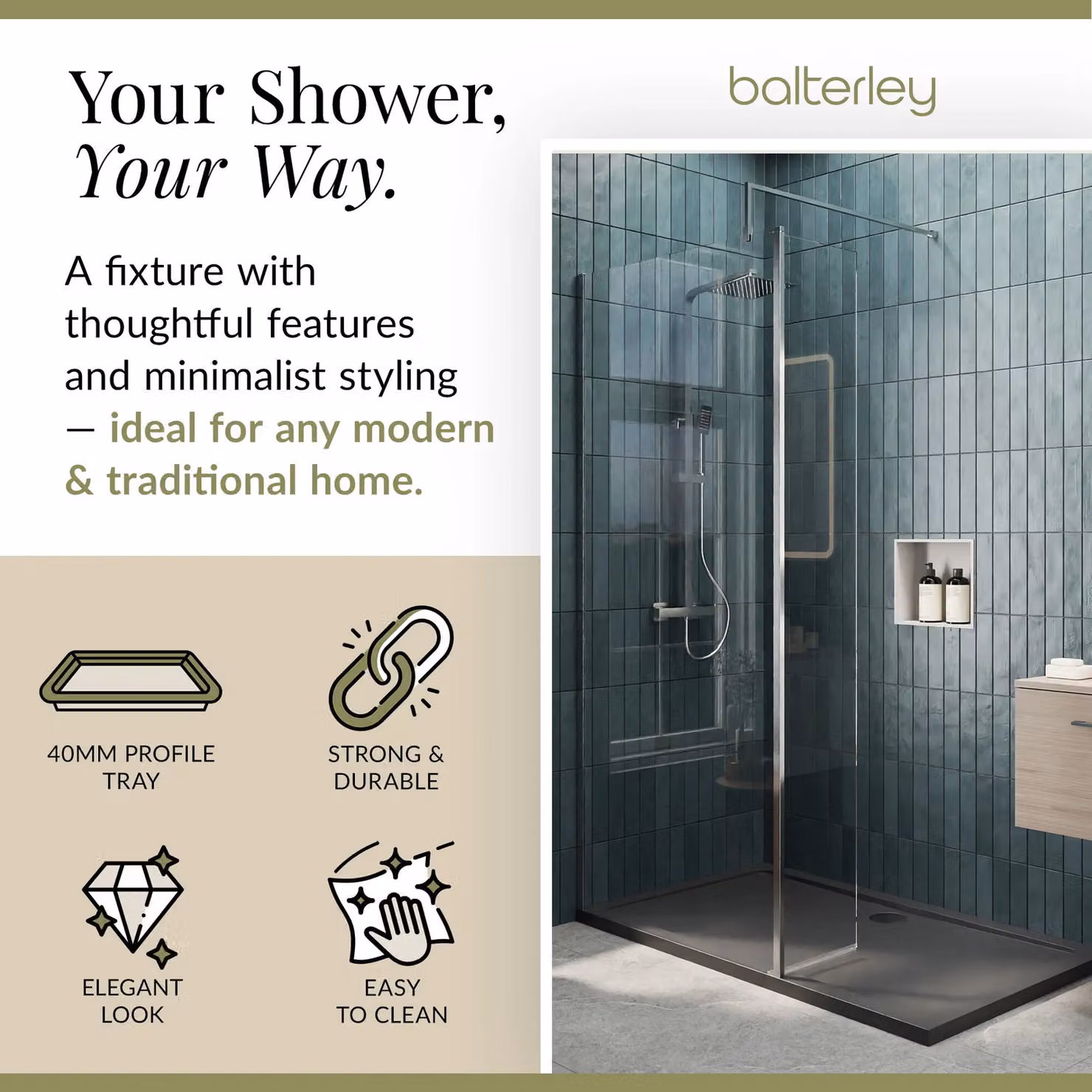 Balterley 8mm Glass Walk-In Wetroom Screen and Return with Chrome Frame and Grey Tray, W: 140 cm, D: 70 cm – 2