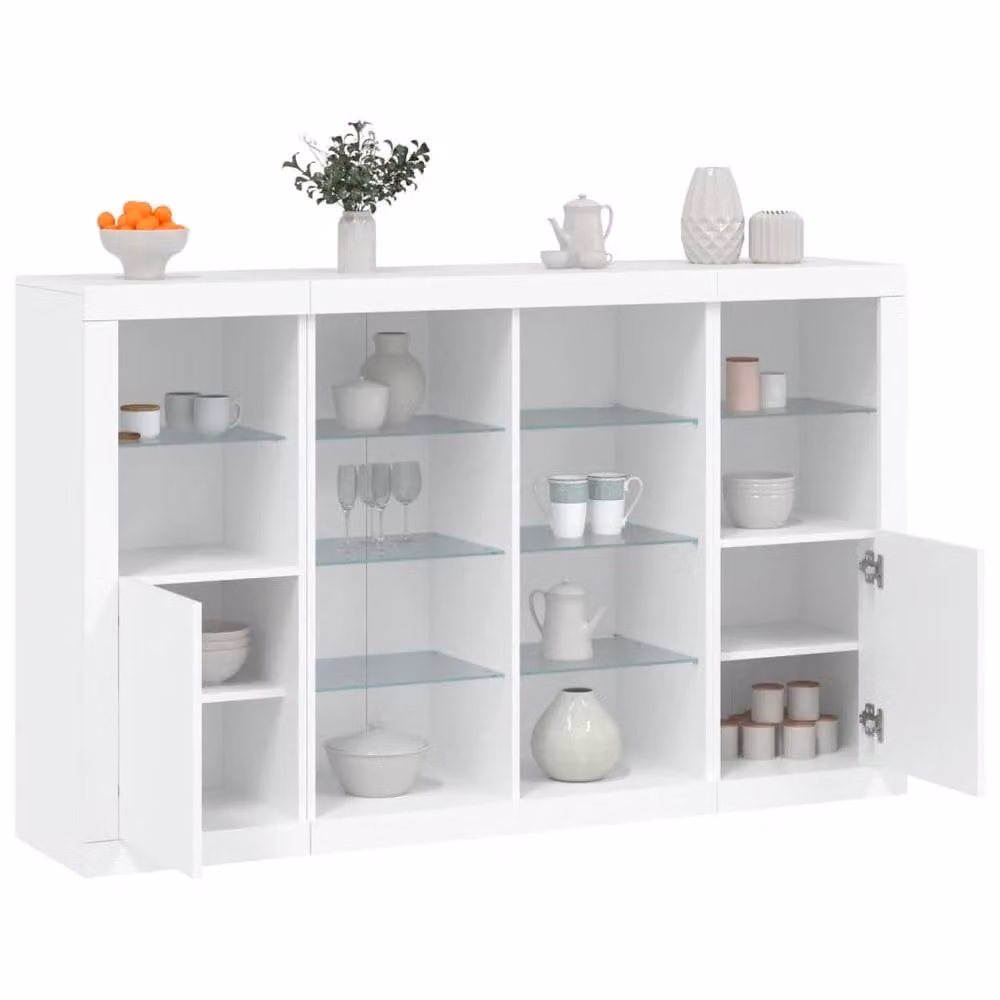 Berkfield Home Set of 3 Modern White Matt Sideboards with Integrated LED Lighting and Glass Details