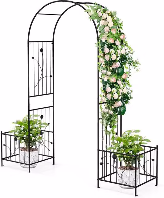 Gymax Metal Garden Arbor Arch Trellis with Planter Boxes in Black, Height: 217 cm – 1