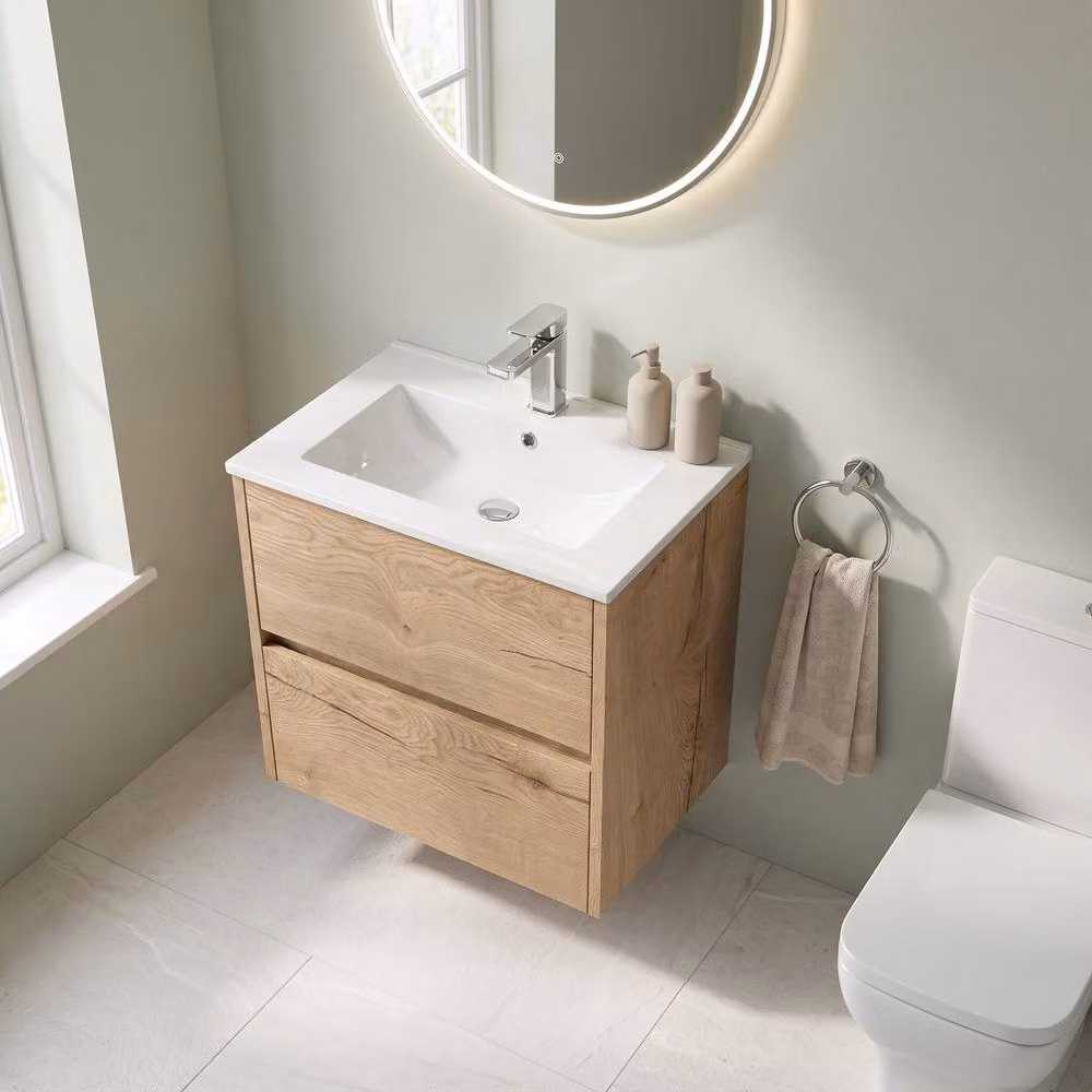 Balterley Chartley 2 Drawer Wall Hung Vanity Basin Unit in Autumn Oak Brown, Width: 60 cm – 2