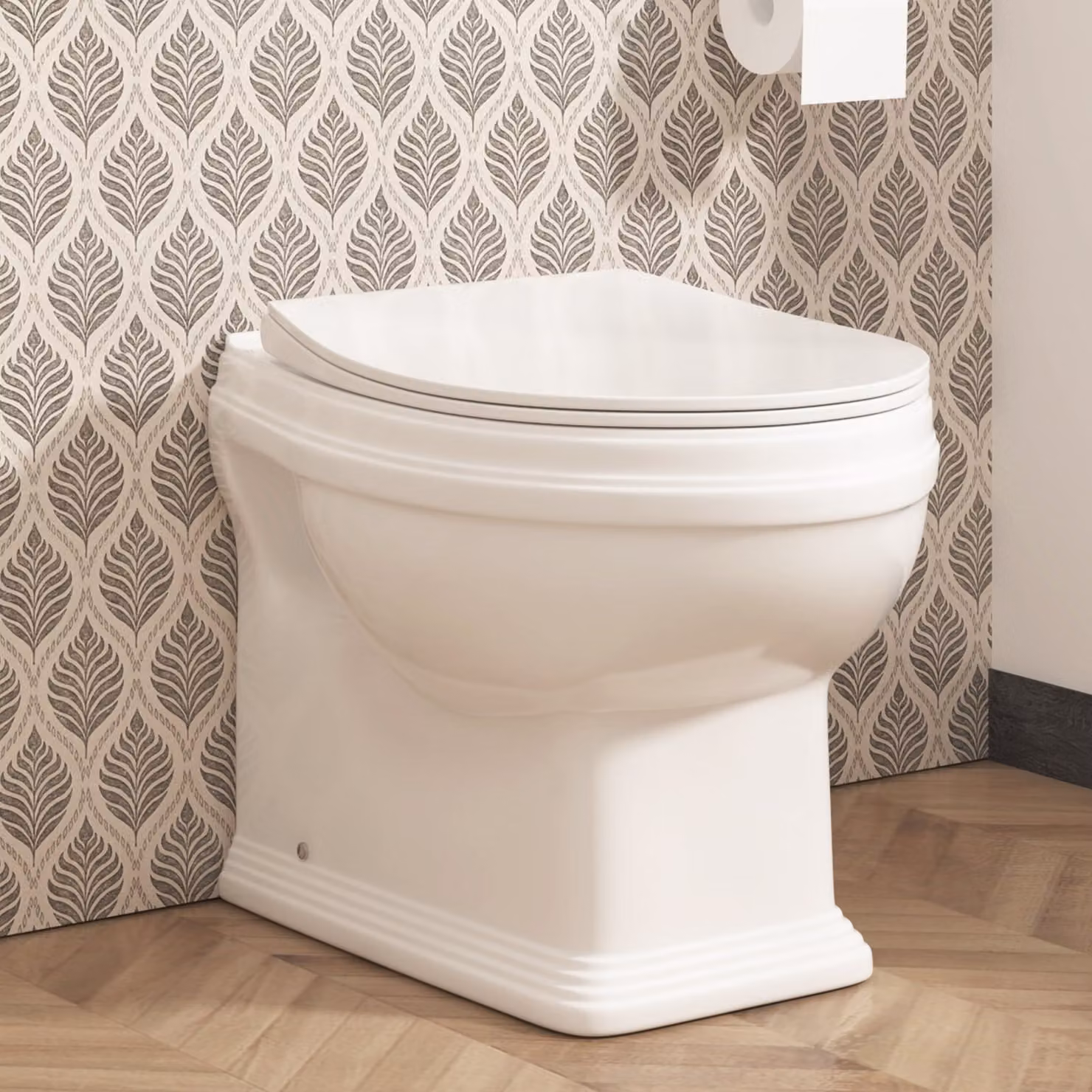 Royal Bathrooms Elmore Short Projection Traditional Back To Wall Rimless Round Toilet with Slim Soft Close Seat, White
