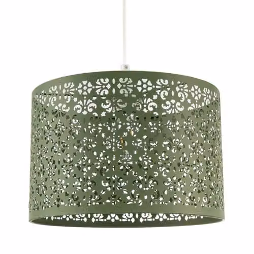 Happy Homewares Moroccan Green Metal Circular Pendant Light Shade with Floral Decoration, Diameter: 29 cm – 1