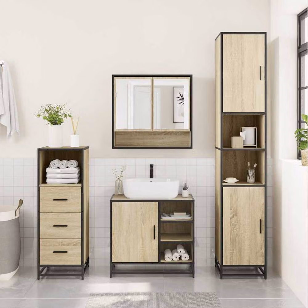 Berkfield Home 3 Piece Industrial Bathroom Furniture Set in Sonoma Oak and Sand – 2