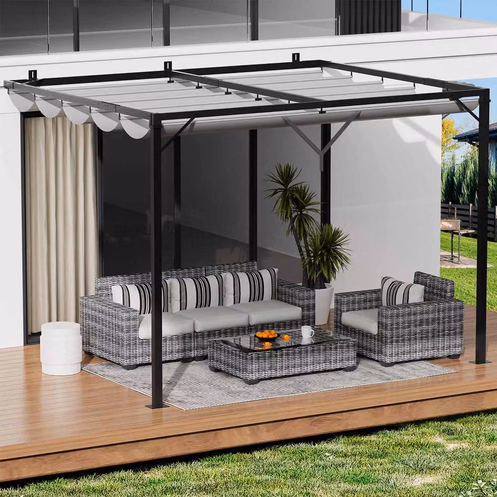 Gartistgo Grey Lean-To Pent Pergola with Retractable Polyester Roof Canopy – 6