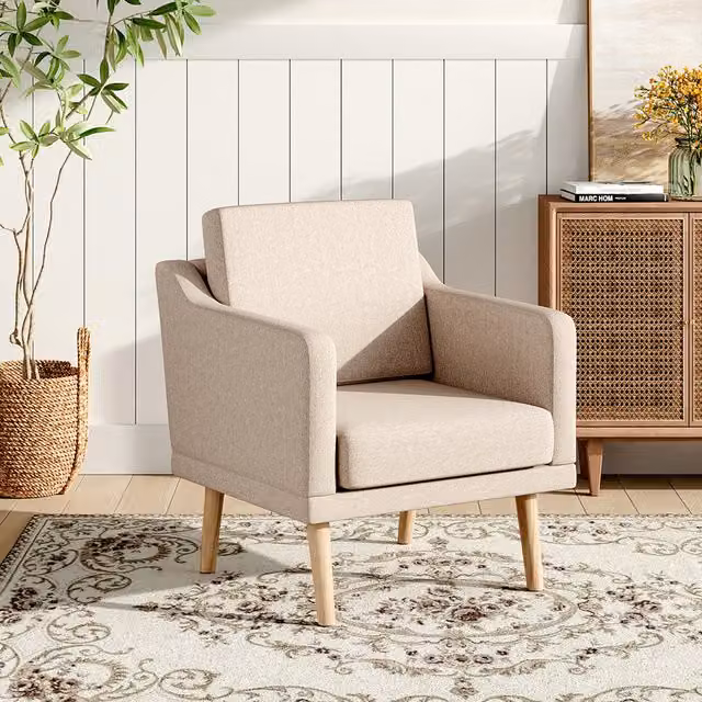 Livingandhome Linen Upholstered Single Padded Armchair with Armrests in Beige and Yellow