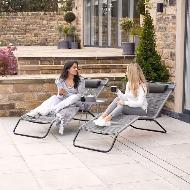 Pacific Lifestyle Rio Set of 2 Grey PU Rattan Sun Loungers with Adjustable Headrests and Textilene Fabric