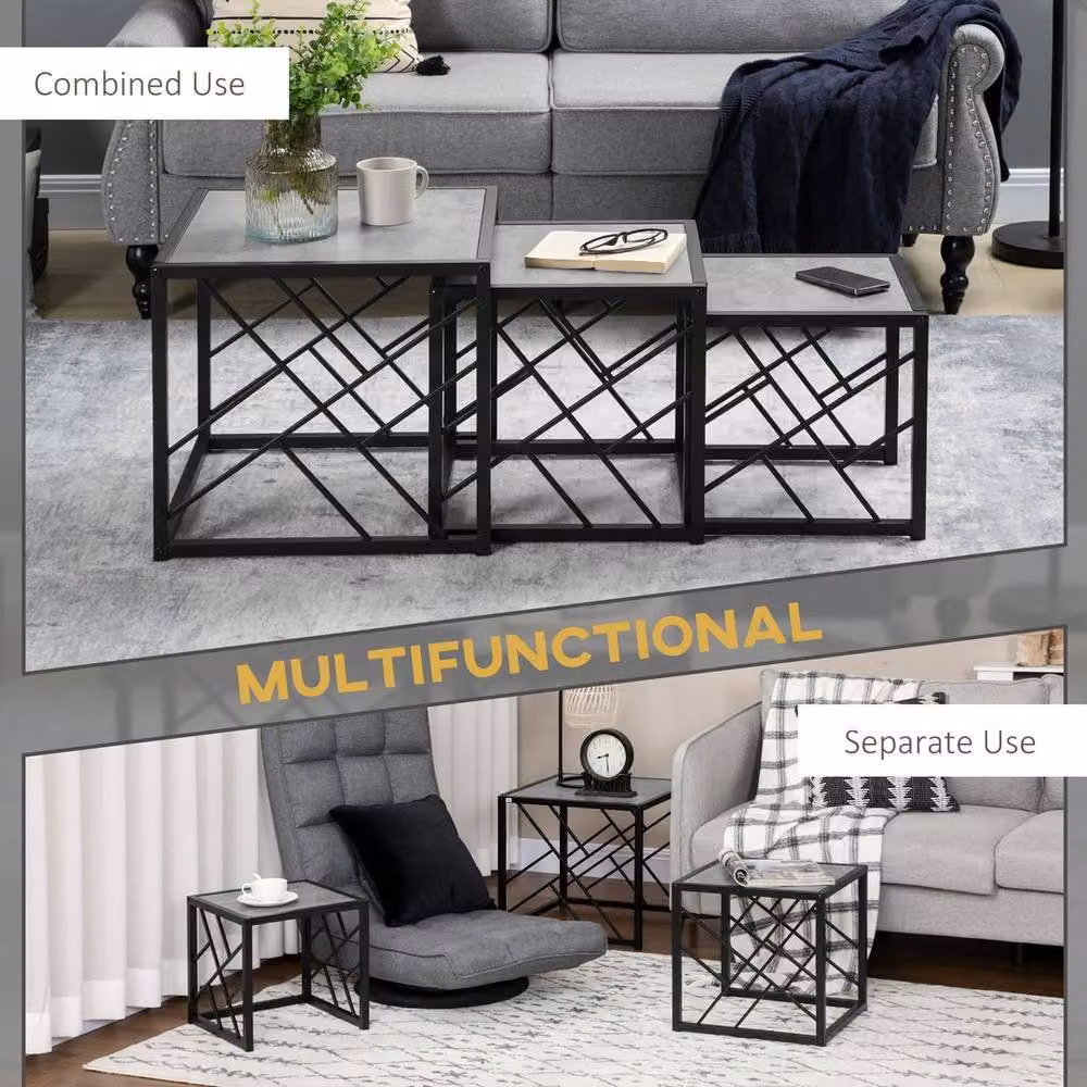 Kelvenix Set of 3 Grey and Black Square Nesting Coffee Tables with Metal X-Frame – 5