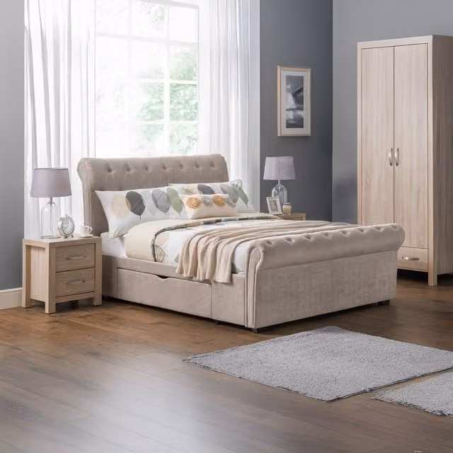 Julian Bowen Ravello Upholstered Storage Bed with Drawers in Brown and Beige Fabric, W: 140 cm, L: 200 cm