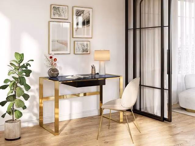 SALI Art Deco Writing Desk with Single Drawer, Black and Gold, W/D/H: 120 x 60 x 76 cm