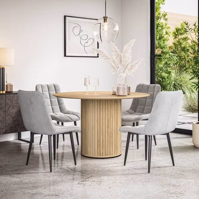 More4Homes Arlo Oak Round Dining Table and Nova Grey Velvet Dining Chairs Set of 6, W/D/H: 120 x 120 x 75 cm