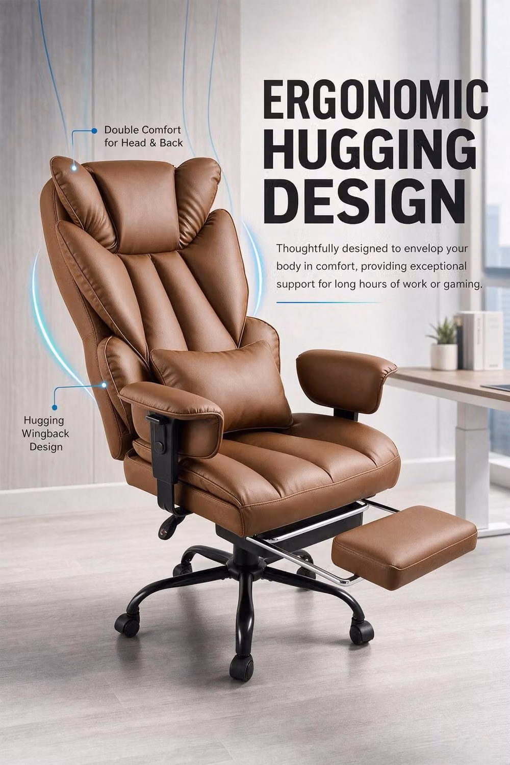 Living and Home Ergonomic High Back Office Chair with Footrest and Castors in Brown – 2