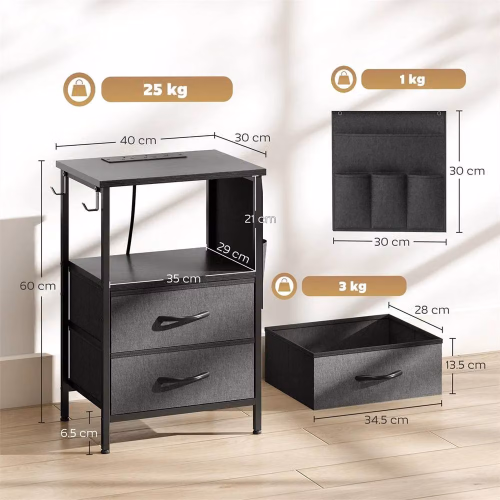 Havendro Slim Black Side Table with Charging Station, W/D/H: 40 x 30 x 60 cm – 2
