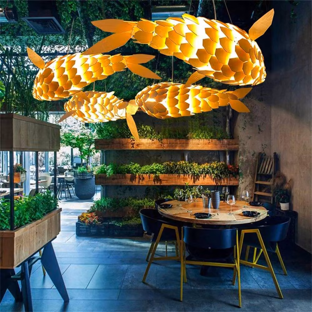 FLAVORA Adjustable Hand-Woven Rattan and Metal Fish Style Ceiling Light Chandelier in Gold/Brass – 4