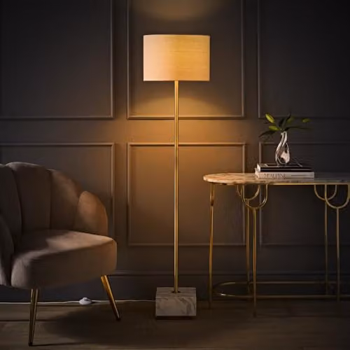 ValueLights Britney Marble Floor Lamp with Beige Fabric Cylinder Shade and LED Bulb in Gold/Brass – 2