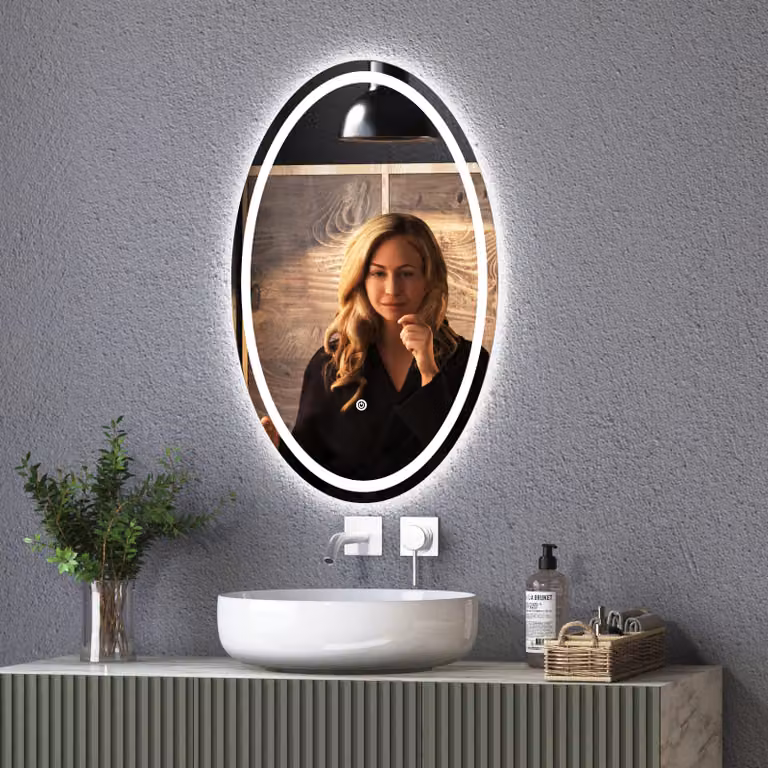 Royal Bathrooms Capri Oval LED Illuminated Frameless Mirror in Silver with Demister Pad and Touch Sensor, W: 50 cm, H: 80 cm