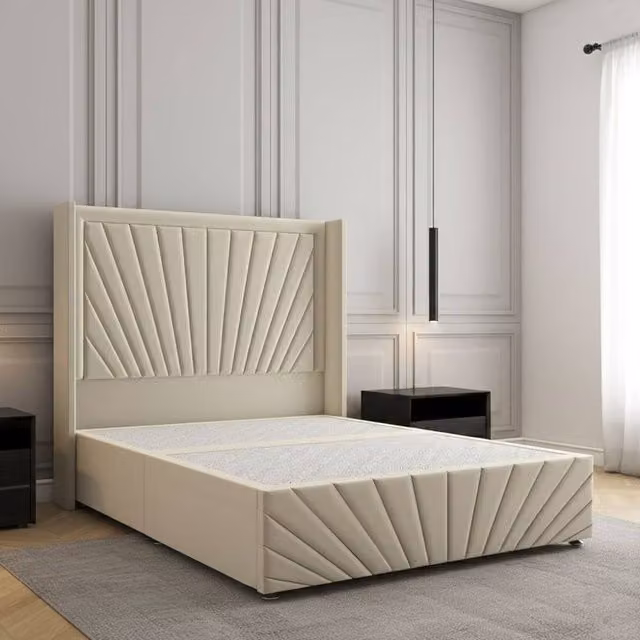 Regional Furnishings Upholstered Velvet Divan Bed with Headboard and Footboard in Beige, W/D/H: 120 x 200 cm