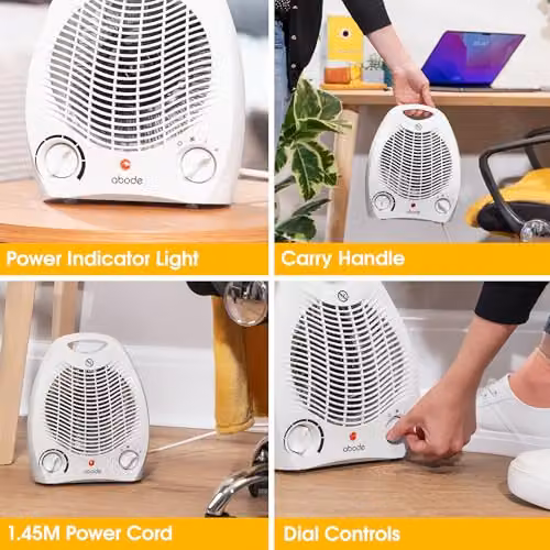 Abode 2000W Electric Fan Heater with Overheat Protection, Tilt Protection and Adjustable Thermostat in White AFH1002 – 6
