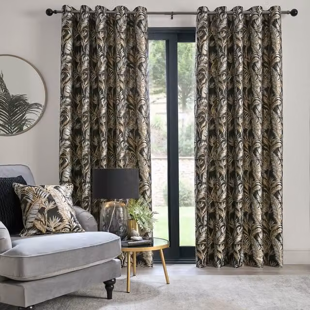 Ulster Weavers Paradise Palm Jacquard Eyelet Curtains Black and Gold W: 117 cm, L: 137 cm – 1