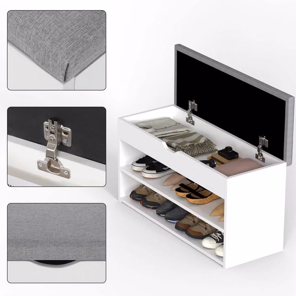EONLION Modern Shoe Bench with Cushioned Fabric Seat and Storage, White and Multicolour, W/D/H: 150 x 44 x 44 cm – 4