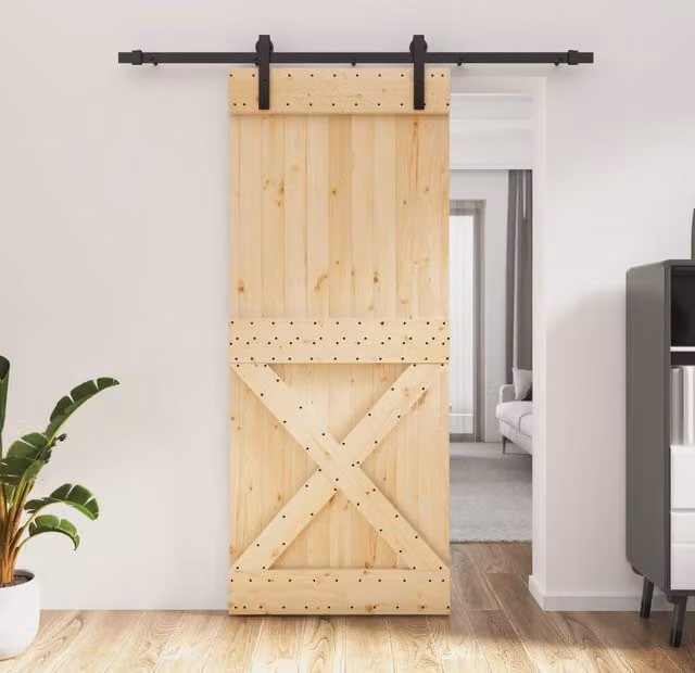 Berkfield Home Rustic Solid Wood Pine Sliding Door with Hardware Set in Brown, W: 85 cm, H: 210 cm