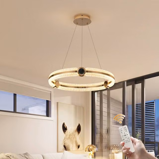 NIVOR Modern 1-Ring Circular LED Chandelier in Gold with Crystal Accents, Dimmable with Remote Control, 48W