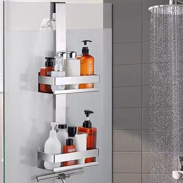 EONLION 2-Tier Over Door Shower Caddy in Silver with 4 Hooks and Stainless Steel Hanging Shelves