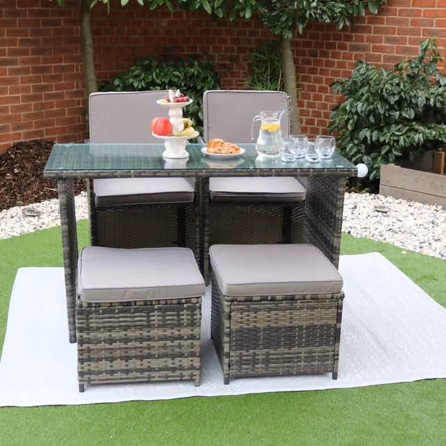 Furniture Maxi Eton 4 Seater Rattan Garden Dining Set with Bar Table and Armchairs in Mixed Grey