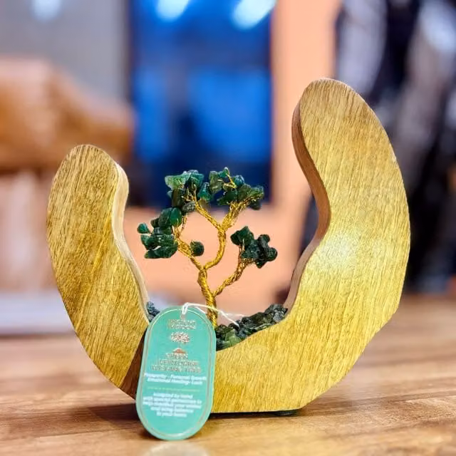 KDMK Aventurine Gemstone Tree with Mango Wood Ring in Green
