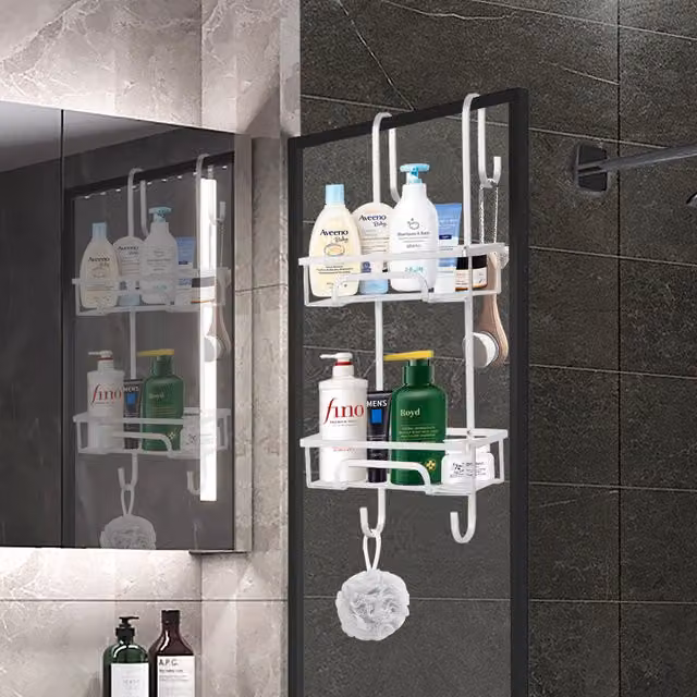 House Of Home 2 Tier Aluminium Over Door Hanging Shower Caddy with Hooks, Silver