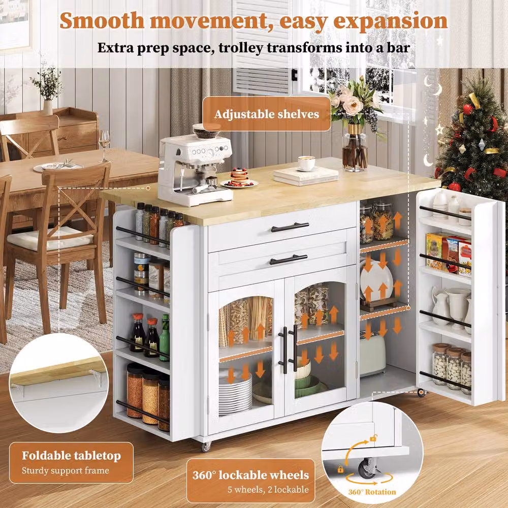 Merax White Mobile Kitchen Island Storage Cabinet with Glass Doors and Foldable Worktop – 4