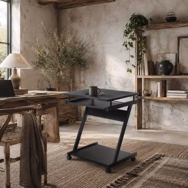 Wyld Haus Kamo Mobile Computer Desk in Black with Castor Wheels and Sliding Keyboard Tray