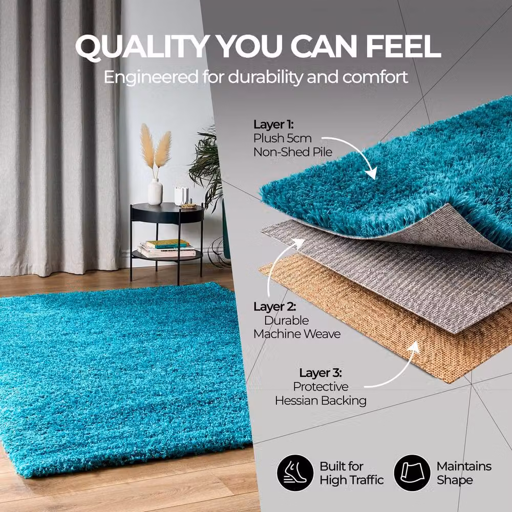 Bravich LTD Shaggy Area Rug in Teal, W: 200 cm, D: 290 cm, Height: 5 cm – 5