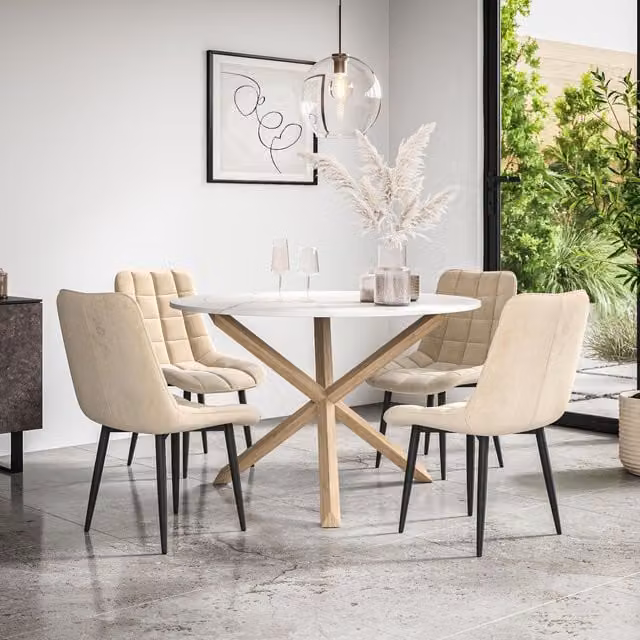 More4Homes Malvern Round Dining Table and 4 Nova Velvet Chairs Set, Marble Top with Solid Oak Legs, Beige and White – 1