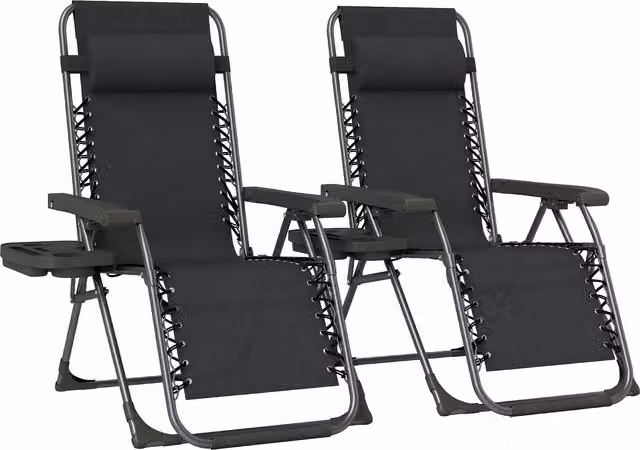 Outsunny Set of 2 Black Zero Gravity Folding Sunloungers with Adjustable Headrest and Cup Holders – 1