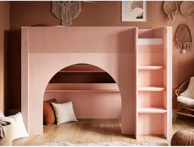 Flair Kaska Mid Sleeper Bed with Ribbed Panel and Stairs in Pink