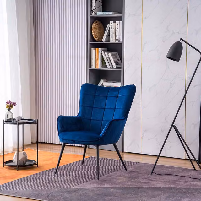 More4Homes Vera Blue Velvet Modern Accent Chair with Ottoman and Metal Legs