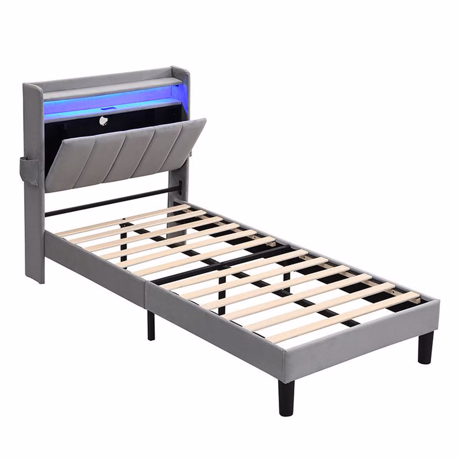 Aosom.UK Double Velvet Upholstered Ottoman Bed with LED Light, 4 USB Ports and Storage, Grey, H x W x D: 107 x 96 x 204 cm – 2