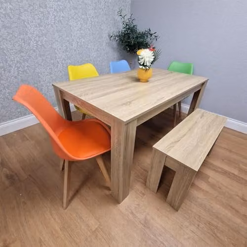 KOSY KOALA Modern Dining Table Set with Bench and 4 Multicolour Chairs, Brown, W/D/H: 140 x 80 x 75 cm