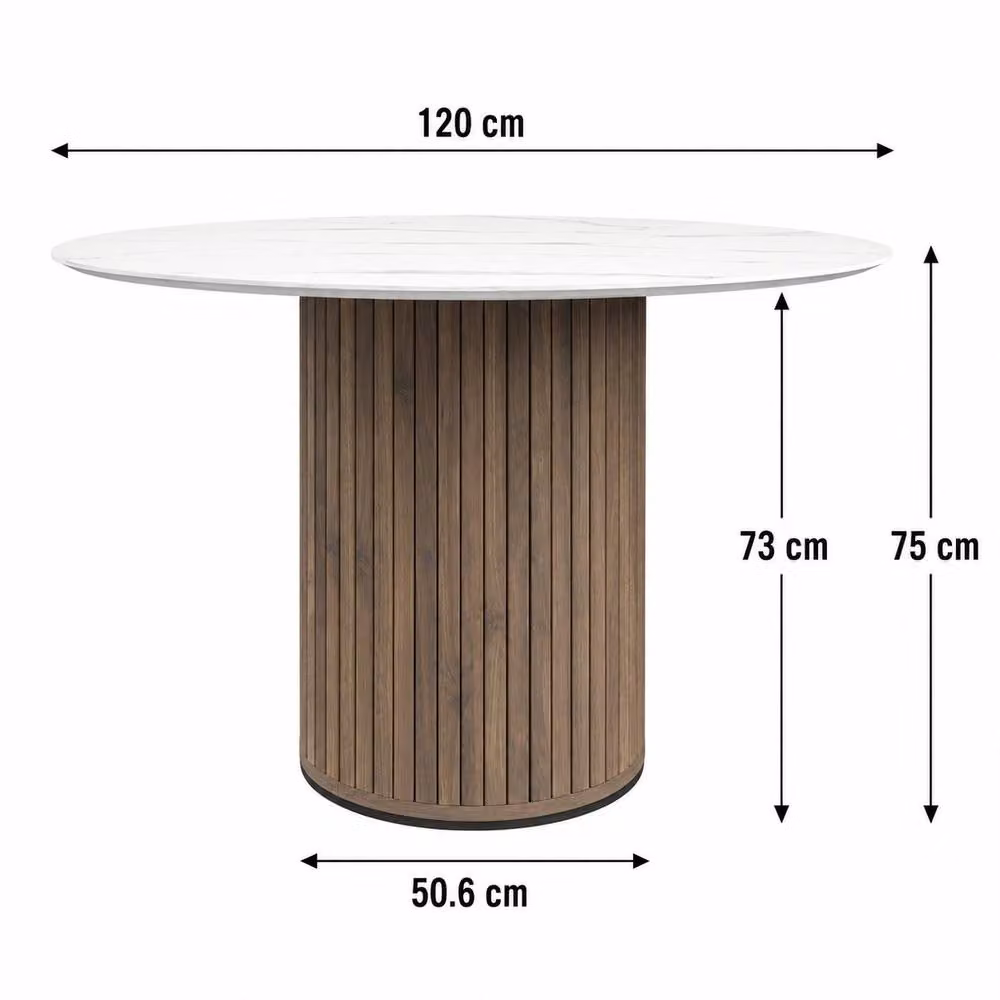 More4Homes Arlo Round White Marble Top Dining Table with Walnut Legs and 6 Black Nova Faux Leather Chairs Set – 3