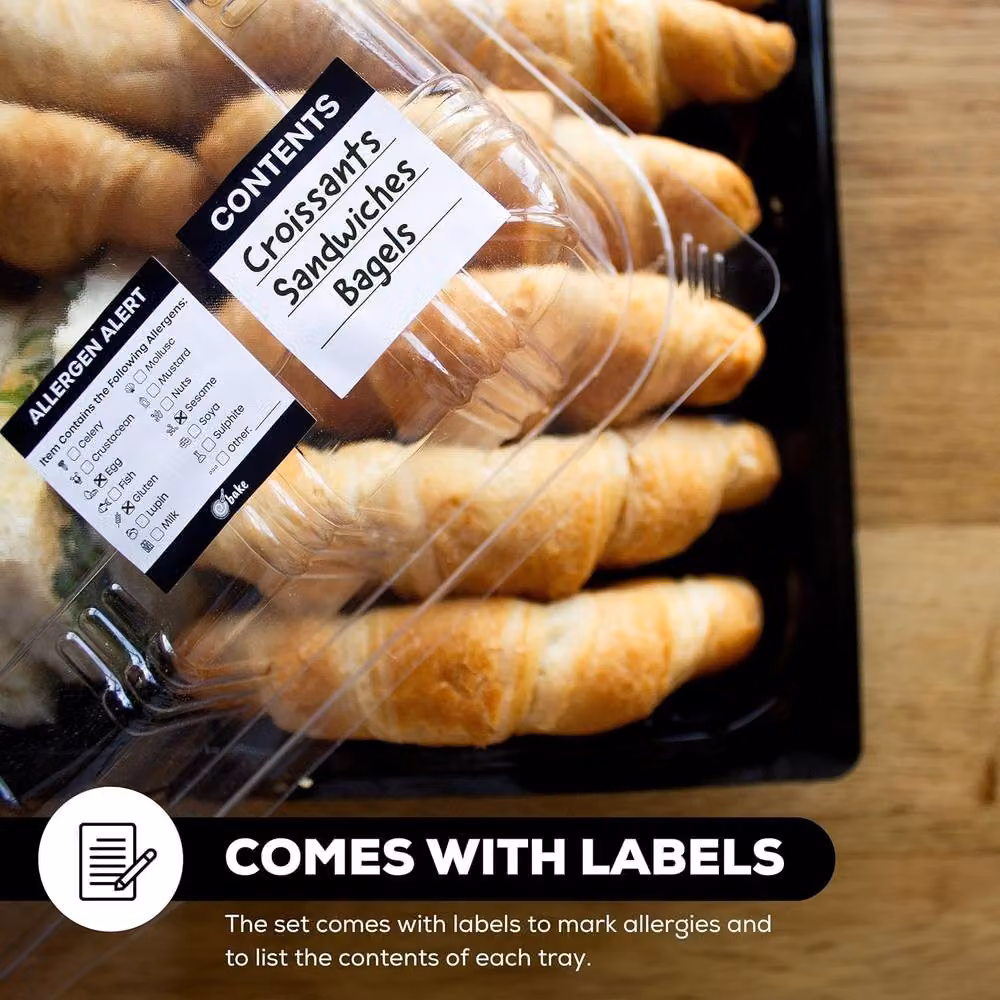 ebake 25 Pack Black Rectangular Plastic Medium Serving Platter Trays with Transparent Lids – 7